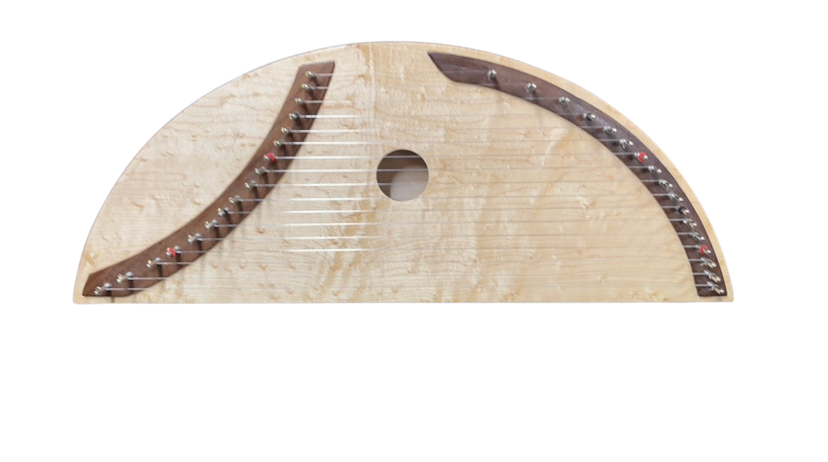 A handmade semi-circular stringed instrument made from light-colored wood with dark brown decorative inlays and metal tuning pegs, isolated on a white background.